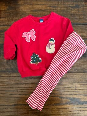 Old Navy Red Christmas Sweatshirt & Striped Leggings Set - Snowman & Tree